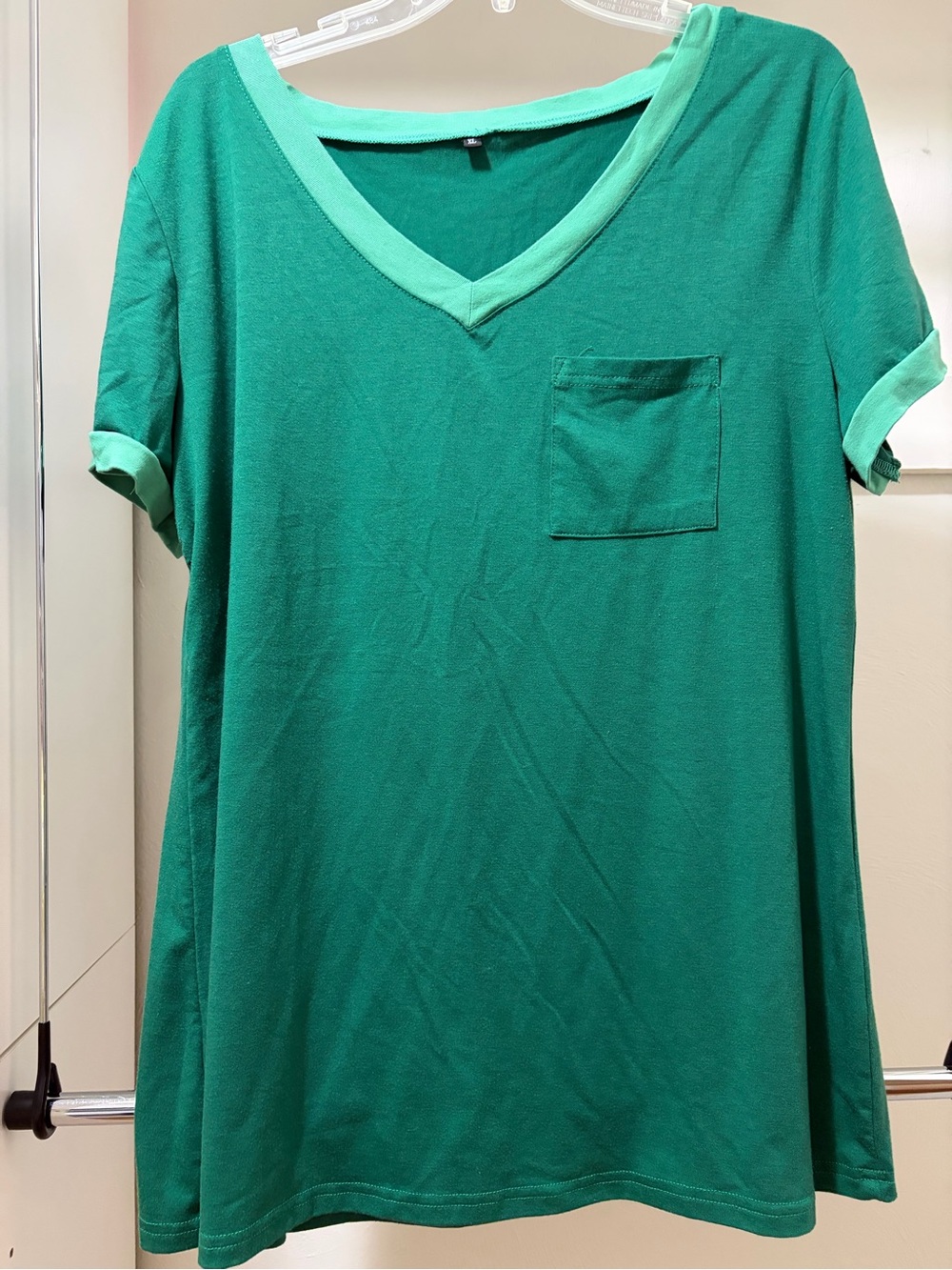 Relaxed Green V-Neck Pocket Tee with Contrast Trim